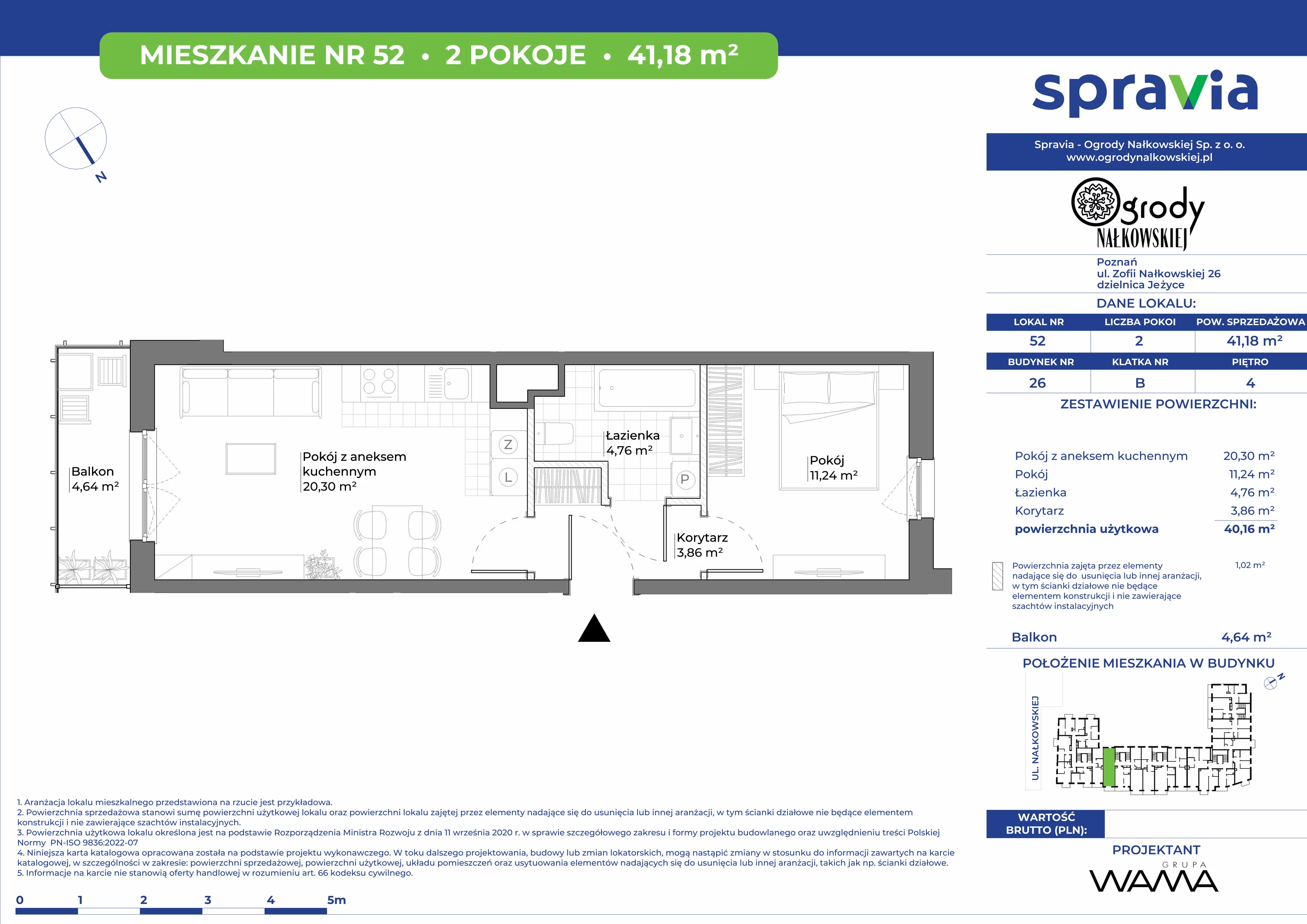 2 pokoje, mieszkanie 41,18 m², piętro 4, oferta nr 26-52, Ogrody Nałkowskiej, Poznań, Ogrody, ul. Nałkowskiej 24, 26